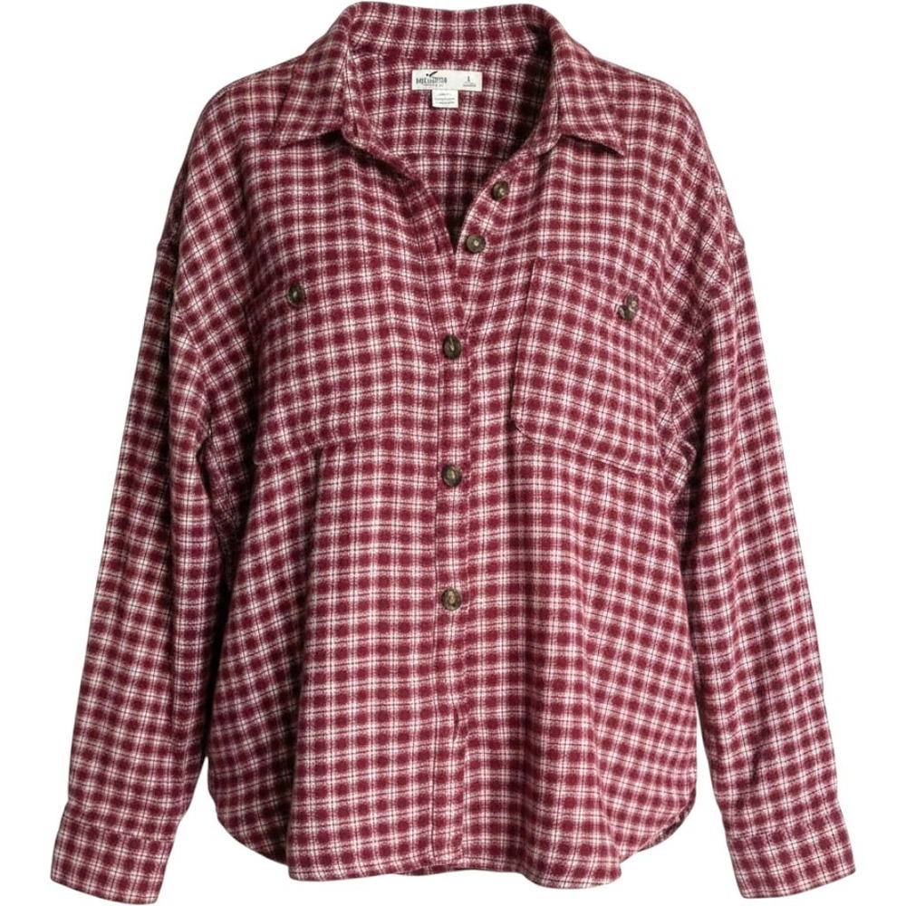 Hollister Grunge Pocket Flannel Shirt Jacket Women L XL Cotton Oversized Button